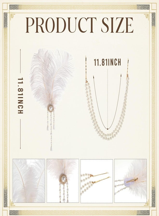 Suncalla 2 Pcs Women Victorian Hair Accessories Includes Ostrich Feather and Pearl Tassel Barrette Clip for 18th Century Renaissance Queen Blonde Beehive Cosplay Decor(White) - Image 2